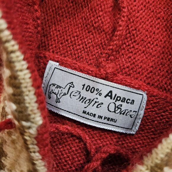 Onofre Saez Alpaca Sweater Womens S Red Hooded Fringe Western Boho Cottage - Picture 6 of 8